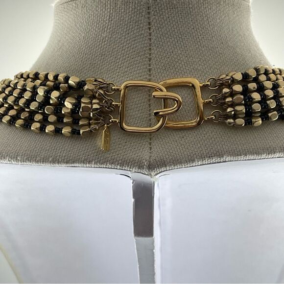 Kenneth Jay Lane Gold Tone Square Black Round Beaded 10 Layer Statement Neckace - Picture 5 of 7